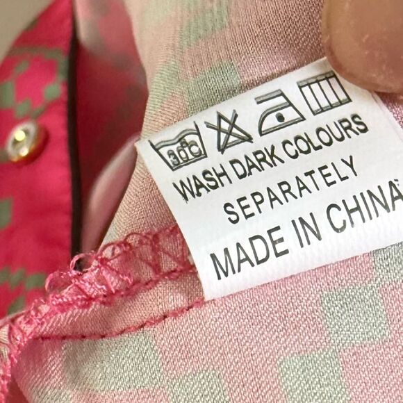 DALIA MACPHEE 2pc Satin Geo Print Pajama Top And Pants Set  in Pink and Green L - Picture 10 of 16